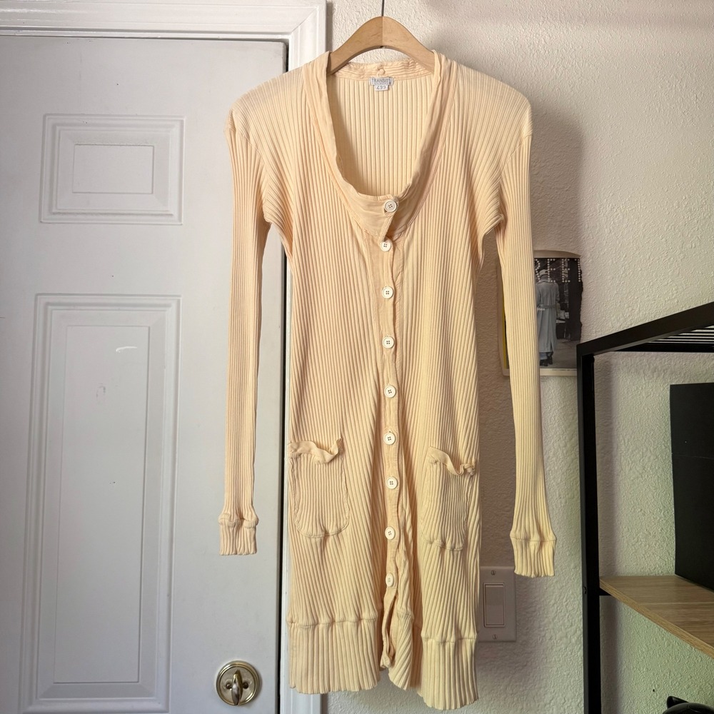 TRANSIT PAR SUCH cream ivory chunky cotton rib ribbed button up mini dress